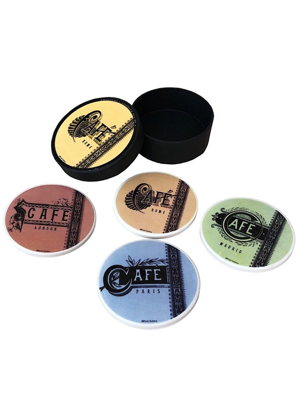 Paula Scaletta Ceramic Coaster Set of 4 European Cities Cafe Sign